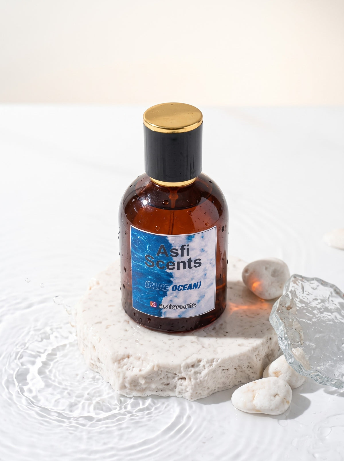 Blue Ocean perfume on stones in rippling water