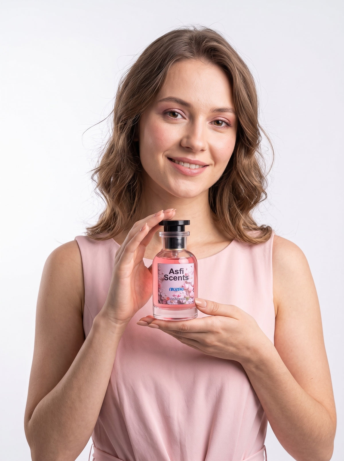 Model in a pink dress holding Blush by Asfi Scents