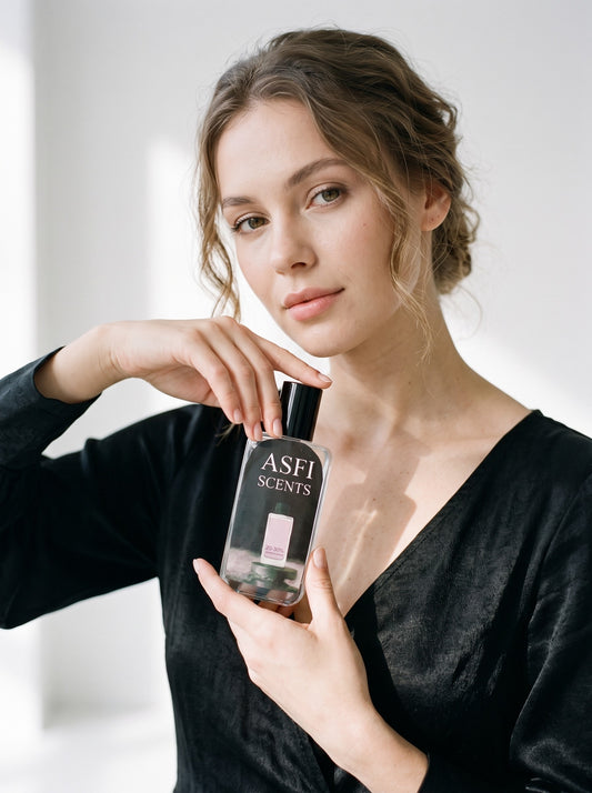 Model in a black dress holding Signature by Asfi Scents