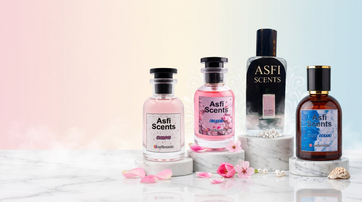 Asfi Scents Zargo, Blush, Signature and Blue Ocean perfumes on marble pedestals